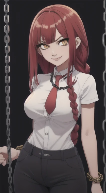 makima \(chainsaw man\), best quality, ultra detailed, 1girl, solo, standing, red hair, long braided hair, golden eyes, bangs, round breasts, wide hips, white shirt, necktie, stare, smile, (evil:1.2), looking at viewer, (interview:1.3), (dark background, chains:1.3),  