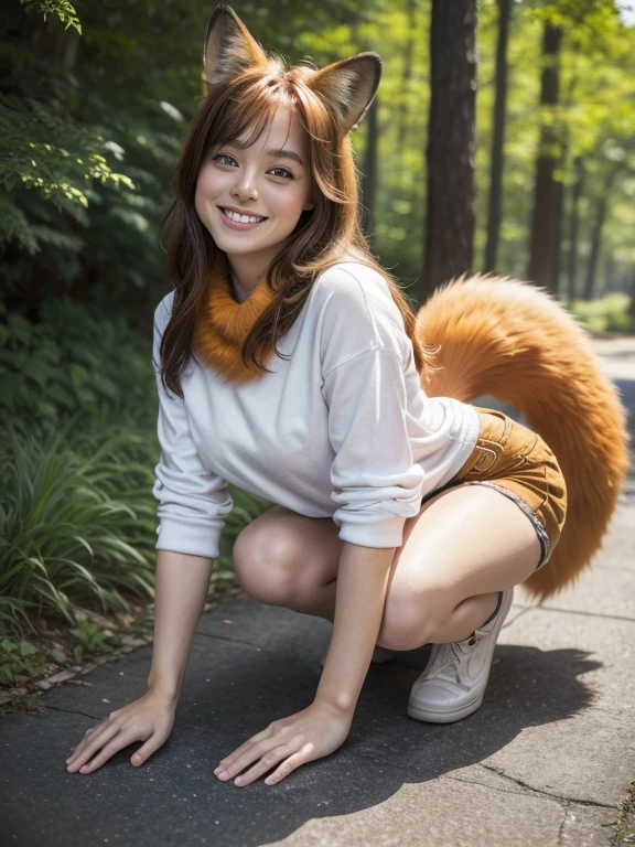 ((Highest quality, 8k)), ((masterpiece)), (Highest Resolution), Perfect Face, Fox Woman, Female college student, Beautiful woman, Outdoor, only one tail, she has thick thighs, Her large tail, Her orange fox tail, She wags her tail, Smiling with teeth showing, Fur collar, She is wearing short jeans., On all fours, Beautiful Hips , A fox tail sticks out from her jeans
