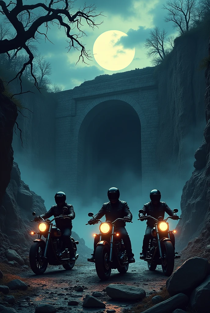 A logo with an old abandoned mine in the background, with the entrance looking dark and some motorcyclists in silhouettes. 
