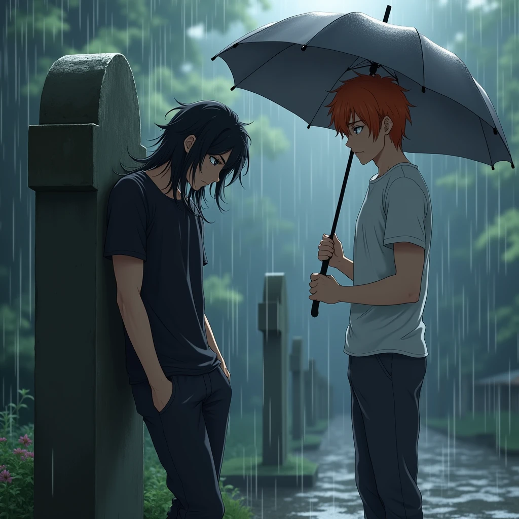 A guy with long black hair, gray eyes, Beautiful face, beautiful body, black T-shirt, black trousers, sitting leaning against the tombstone, It's raining, sad, A guy with orange hair and blue eyes stands a meter away., Beautiful face, beautiful body, White T-shirt, dark gray pants, He extends a gray, open umbrella towards him, anime art, realistically, super detail, masterpiece