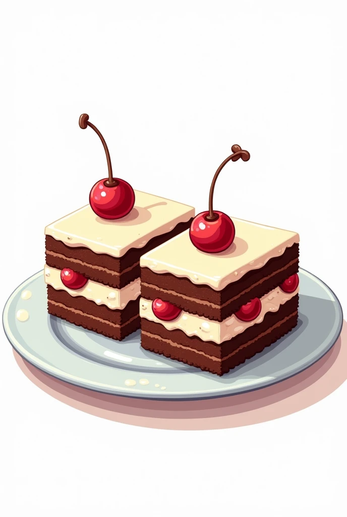 Cartoon illustration,close up,Two square layered cakes in a dish,White and brown interlaced,Background white