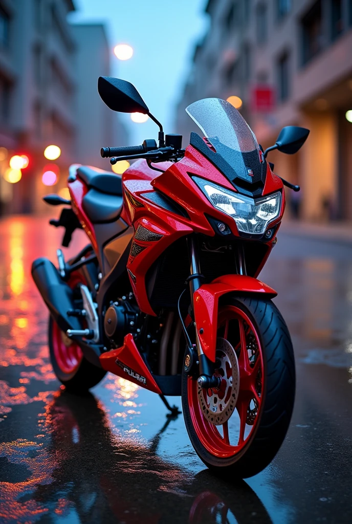 Create the best image of a Pulsar 135LS 2013 motorcycle with all its accessories in red for a wallpaper