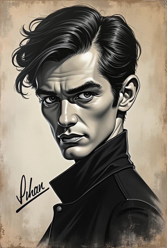 alain delon jeune.
caricature  en noir et blanc peint sur un tableau  par un peintre. ECRIRE "Entre-Deux-Guiers, lundi 19 août "