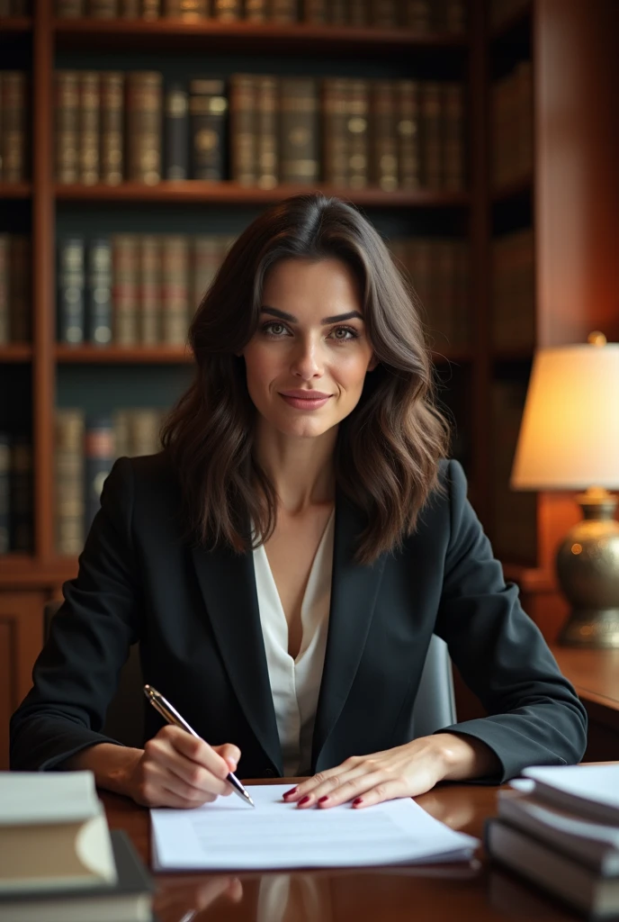 A brunette woman, slim, medium and wavy hair: female lawyer, photo taken at the desk