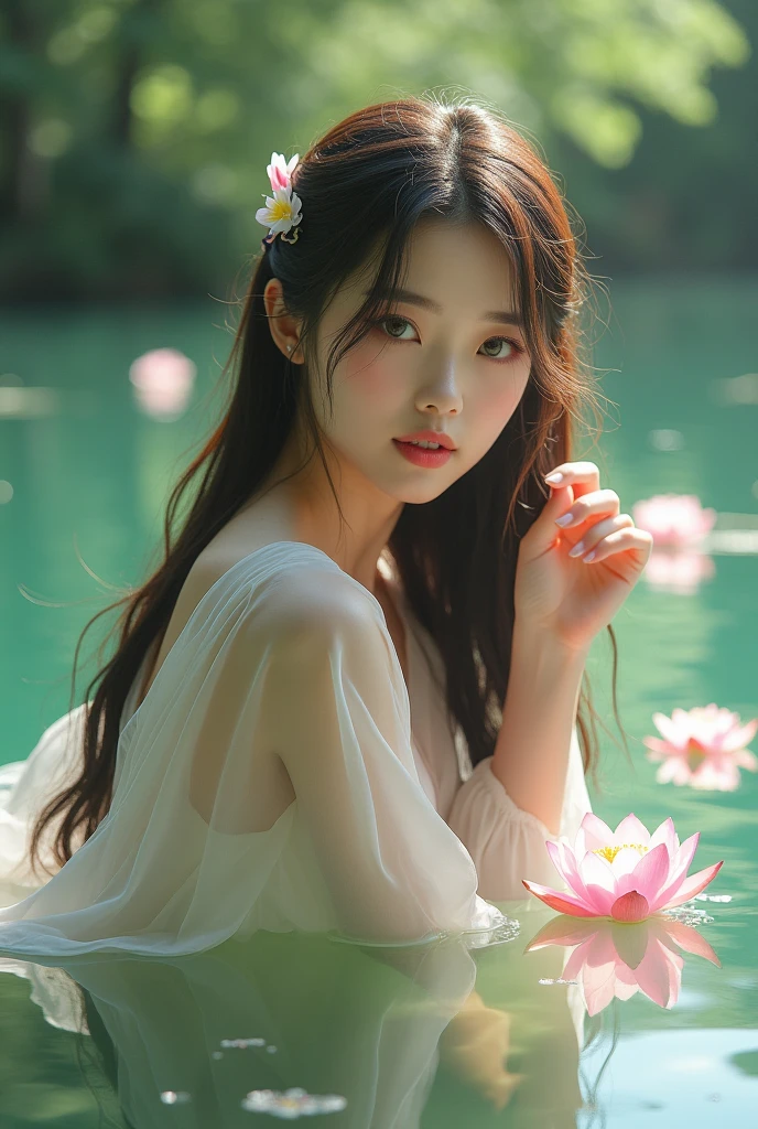 (photorealistic: 1.2), Beautiful, ethereal, high quality, highly detailed, perfect hand, pose details, teasing postures, leaning toward viewer, physical detail, Asian woman, cute face, hair falling to her back, falling lorne clothes, takes a bath in the lake, lotus flowers, clear water.