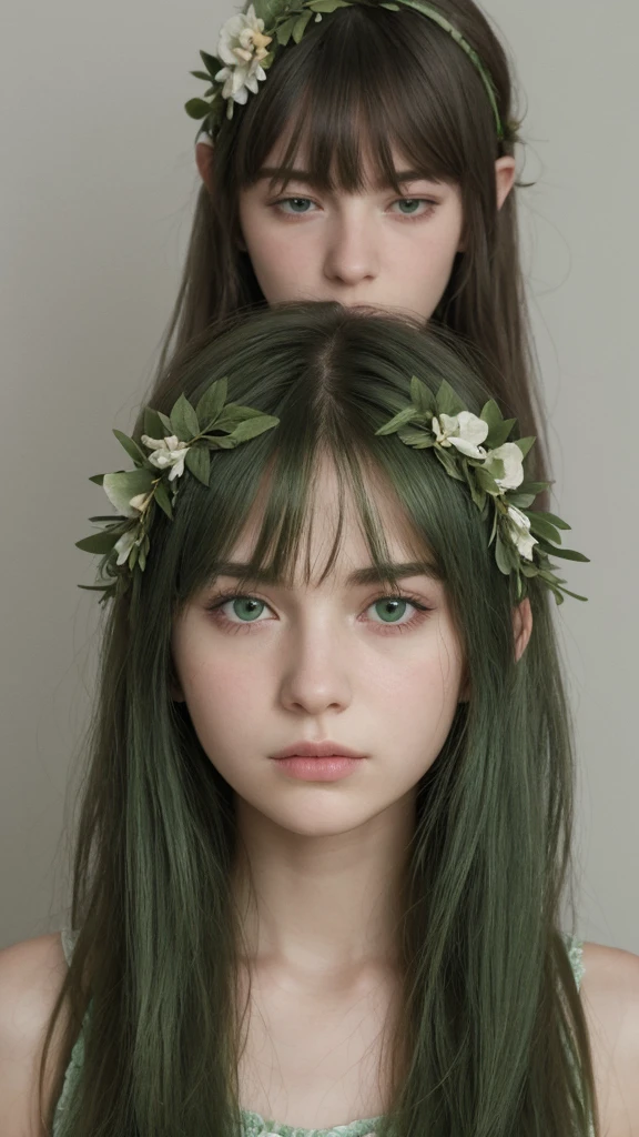 a girl. European. Extremely detailed face. Oval face. Delicate facial features. Half-closed eyes. Long straight hair. Messy hair. bangs. Green hair. Green eyes. Head wreath. Very angry. Sad. Shy