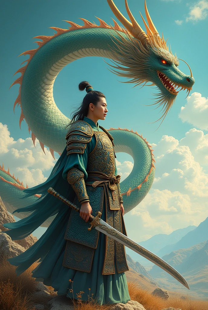 A Chinese Tang Dynasty warrior, clad in imposing armor.,His gaze is fixed on the horizon。The sword in his hand is drawn,The blade is exquisitely designed。Behind him,A majestic dragon circles in the sky,The dragon scales are vibrant and colorful,It exudes an aura of ancient power and wisdom