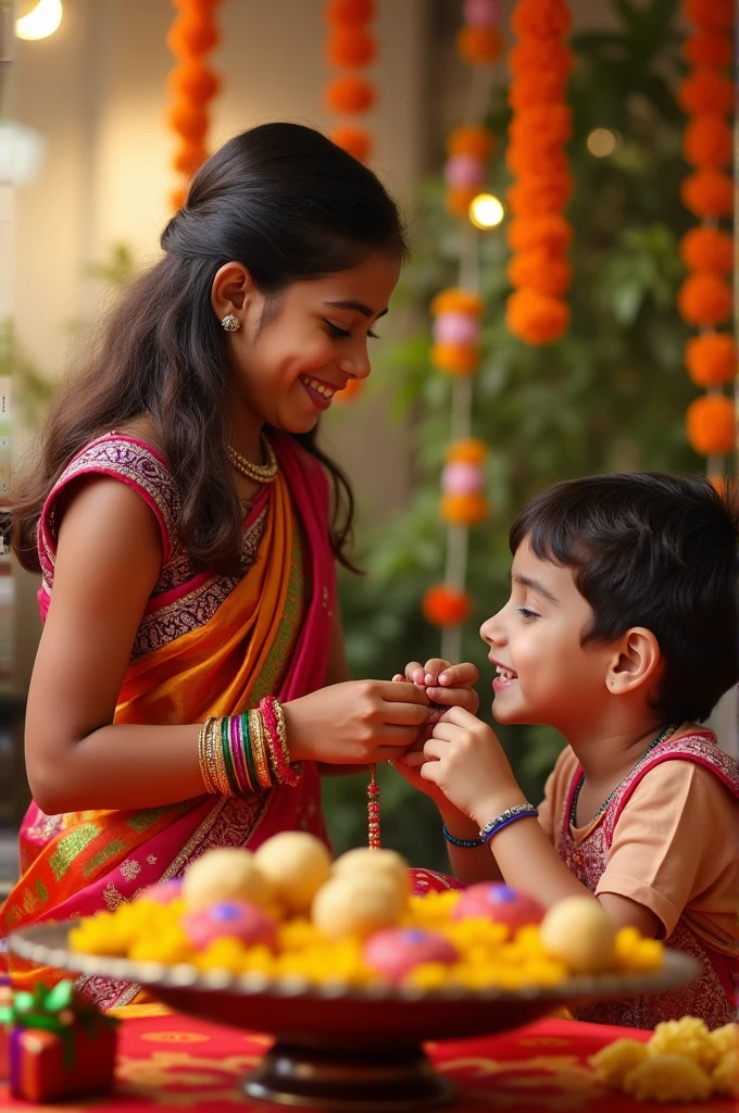 Rakshabandhan fastival, A beautiful Indian girl wearing saree carring pooja plate binding raksha band on her brother's right hand, a hindu boy sitting along with her and eating sweet, so many gift sweets and blessings