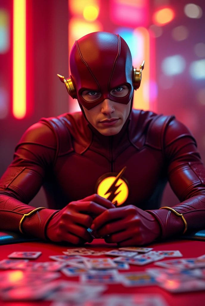 the flash, without mask, holding the cards in hand, more humanized at a poker table playing, excellent image quality bright colors bright red frame
