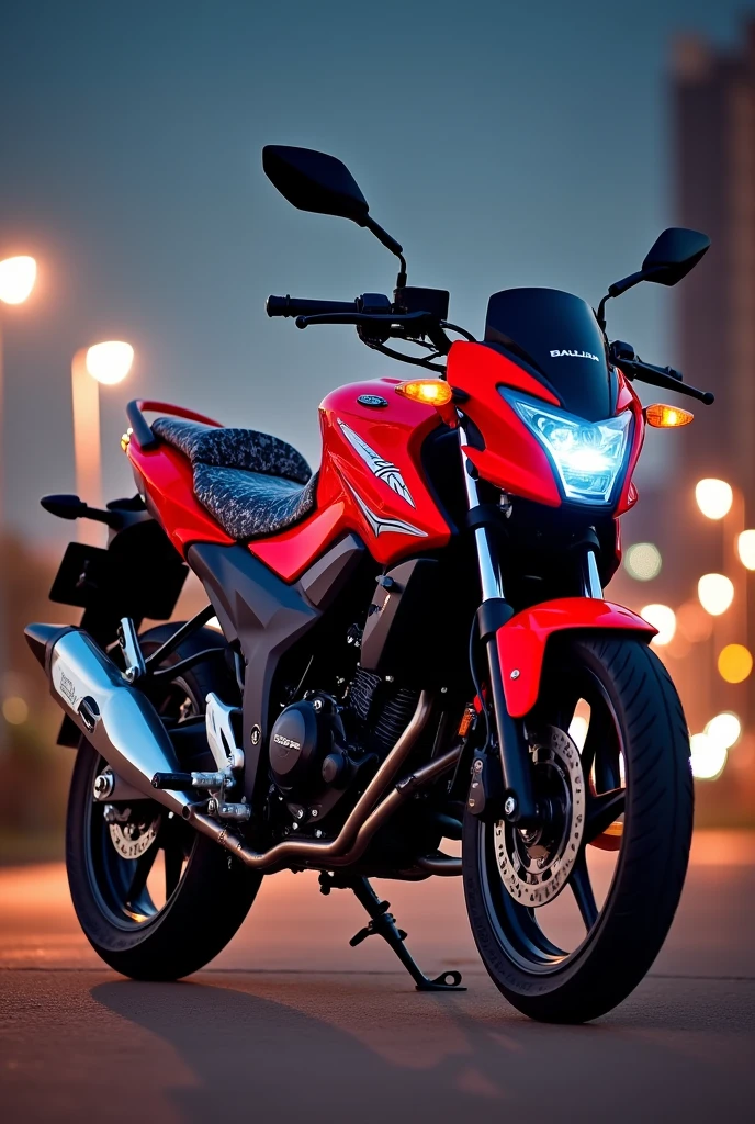 Create the best image of a Bajaj Pulsar 135LS 2013 motorcycle with all its accessories in red for a wallpaper 