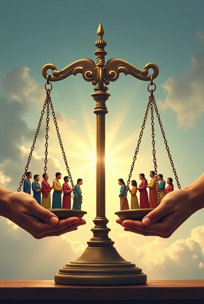 A visual representation of ethical actions, like a hand outstretched in help and a balanced scale.
Human figures interacting fairly and ethically in everyday settings.
A palavra "justice" aesthetically incorporated.