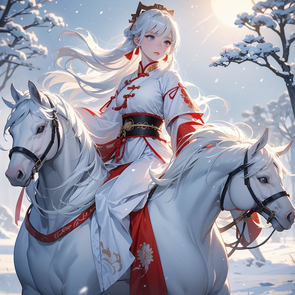 A beautiful female general holding a big spear in an ancient Chinese general costume, Riding a white horse in the middle of a snowstorm, white snow is falling, The sun shines and the sun rises. close up, In the middle of a snowstorm, it is white. The trees are covered in white snow. The snow is falling.
