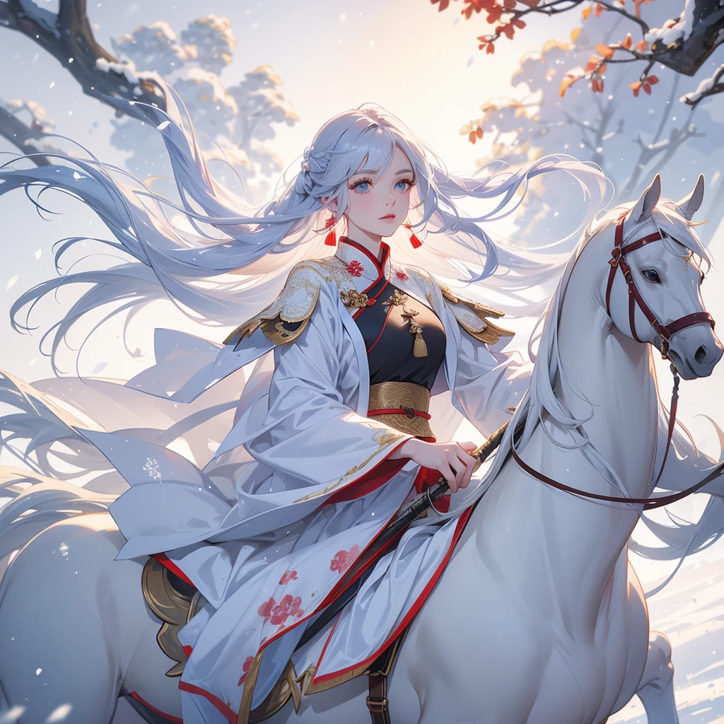 A beautiful female general holding a big spear in an ancient Chinese general costume, Riding a white horse in the middle of a snowstorm, white snow is falling, The sun shines and the sun rises. close up, In the middle of a snowstorm, it is white. The trees are covered in white snow. The snow is falling.