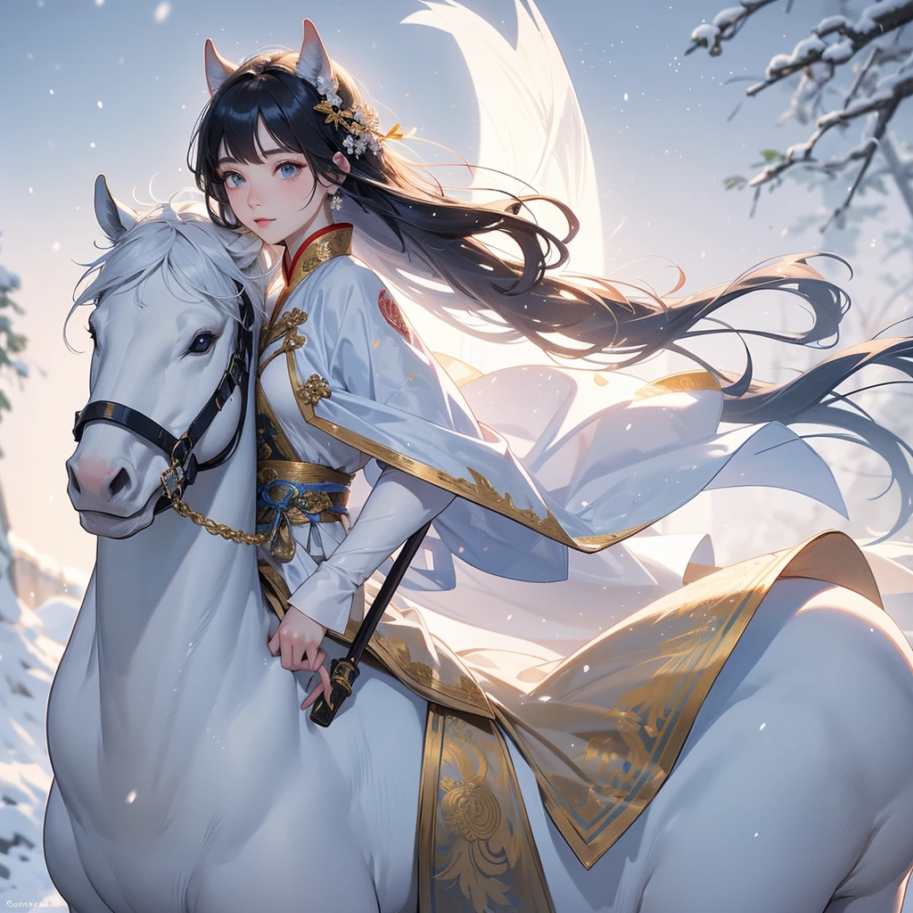 A beautiful female general holding a big spear in an ancient Chinese general costume, Riding a white horse in the middle of a snowstorm, white snow is falling, The sun shines and the sun rises. close up, In the middle of a snowstorm, it is white. The trees are covered in white snow. The snow is falling.
