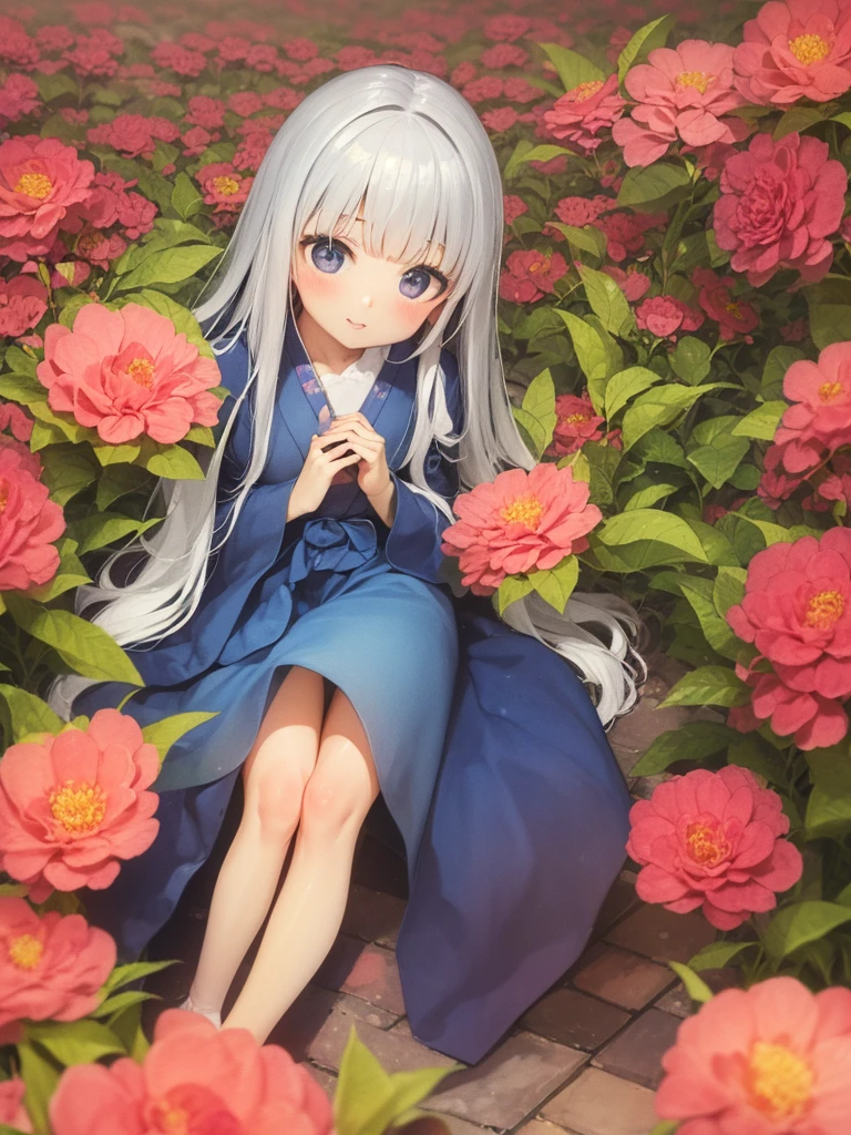 High definition、anime、pastel、watercolor、A pure girl dressed in a shrine maiden's outfit、Flowers sprout from beneath your feet、18age、Halfred with long silver hair、Full body portrait、I can't see my feet、Do not show thighs、Wearing clogs、A long, flowing miko outfit、Large eyes like opals、Powerful eyes、Dance dedicated to the gods
