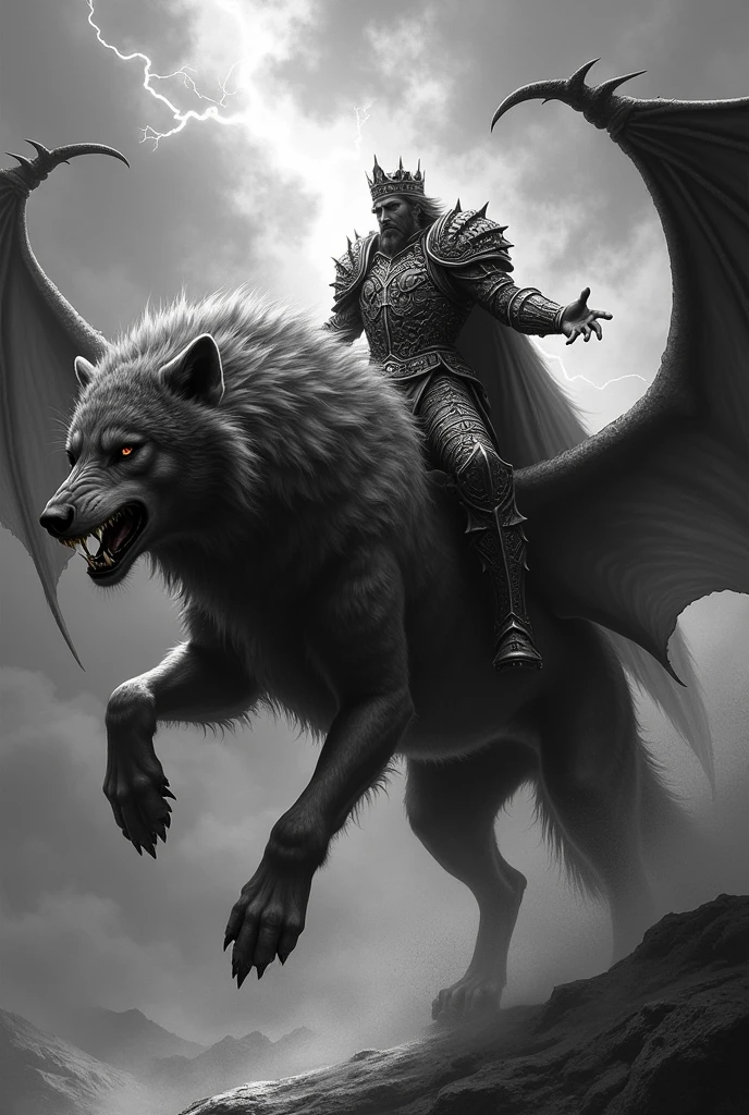 Create a black and white painting of a king riding a giant wolf fighting a vampire on a dragon