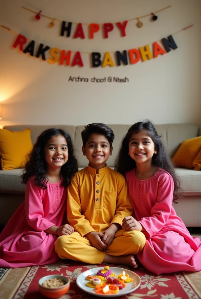 Two young sisters, ages 10 and 12, are celebrating Raksha Bandhan with their 15-year-old brother. The girls wear matching pink salwar kameez outfits, while the boy is in a yellow kurta. They're sitting cross-legged on a patterned rug in their living room. A plate with rakhis, sweets, and a small diya lamp is in front of them. On the wall behind them, "HAPPY RAKSHA BANDHAN" is painted in colorful letters, with "Archna, chooti & Nitesh" written underneath. 4k image, warm indoor lights.