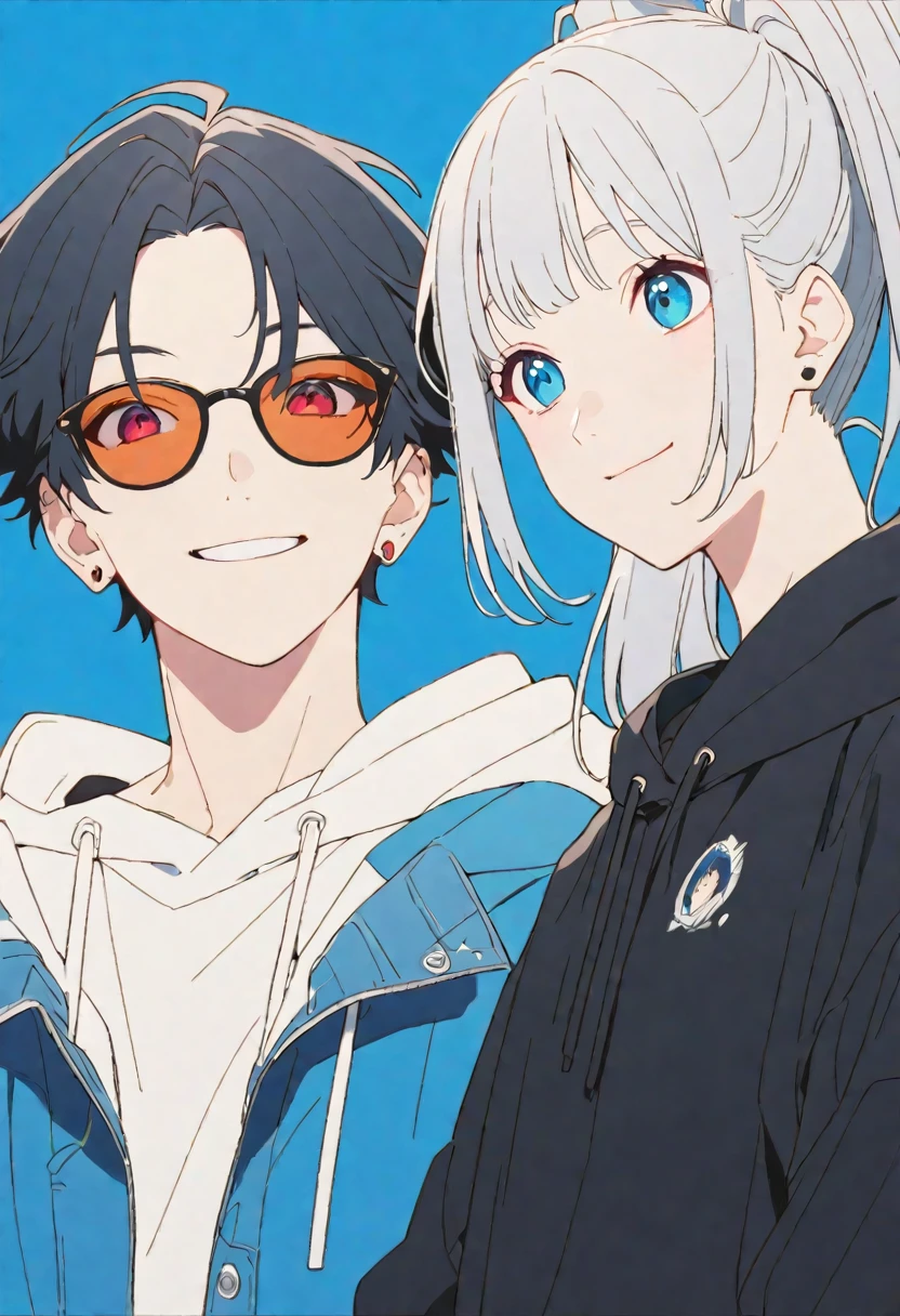 A pair drawing of 1 male and 1 female
Male:(alone,good looking,
1. male,
bangs,Straight hair, ponytail,short hair,
Black Hair,
Satoru Gojo,
Red eyes,sunglasses,
white oversized clothing,Street Style,casual,stylish,
skin,Silver Accessories,
Black background,Simple Background,Look up,Icon smile, sexly,A captivating smile, )
woman:(alone, good looking,1. woman,Straight hair, Twin tails,Silver Hair,Blue eyes,Soft impression,high school girl,black oversized hoodie,Showing off your bra,,Highest,skin,,smile,,Blue background,sexly)