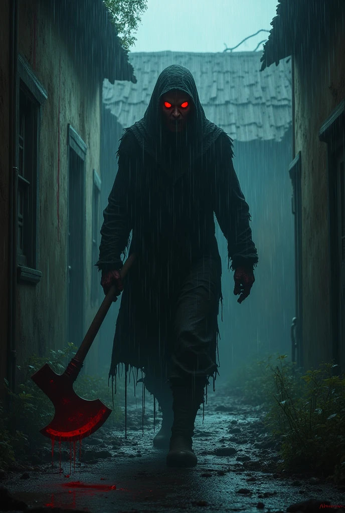 Schene 5: Inevitable Horror**
From the darkness a terrifying figure emerged, a man with a face covered in burns and eyes that glowed red. The man approached, carrying a large ax dripping with blood. They tried to escape, but one by one they were caught. Farah's screams were the last to be heard before the old house fell silent again, leaving only the rain that continued to fall heavily.
(Farah, Siska is females and Rian, Andi is male)