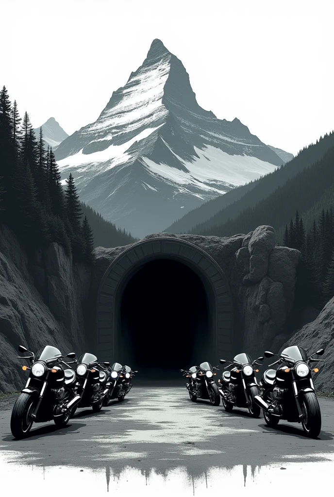 A logo with a mountain in the background, showing the entrance to an old, abandoned, dark mine, with some motorbikes in black and white.