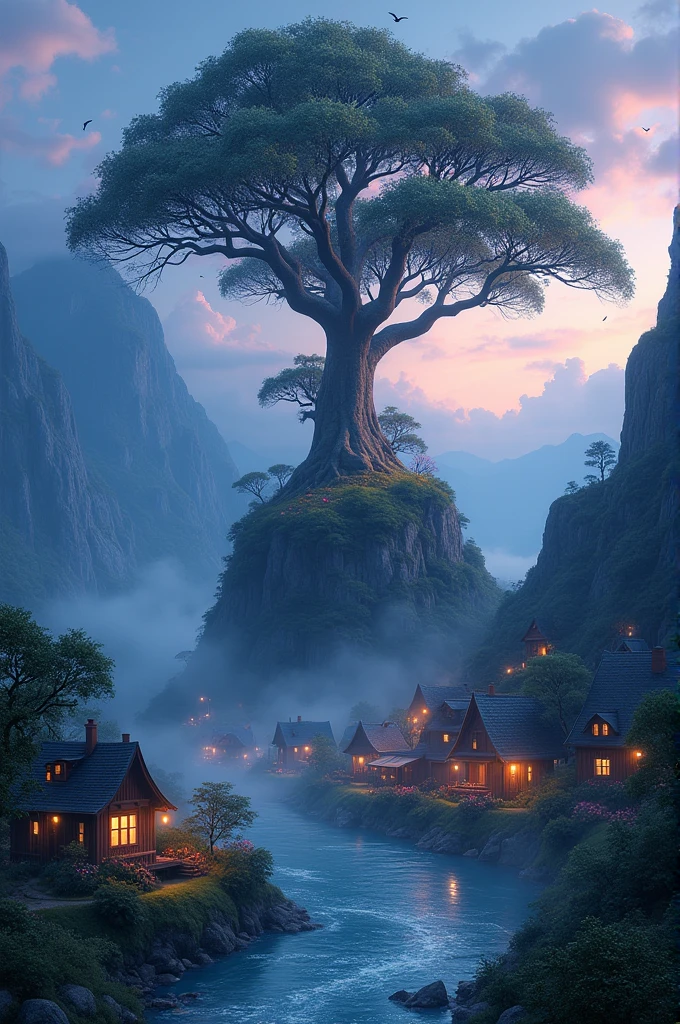 Avatar tree on the top of the mountain side of the river across the river village is there