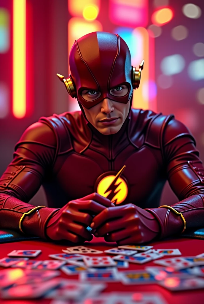 the flash, without mask, holding the cards in hand, more humanized at a poker table playing, excellent image quality bright colors bright red frame