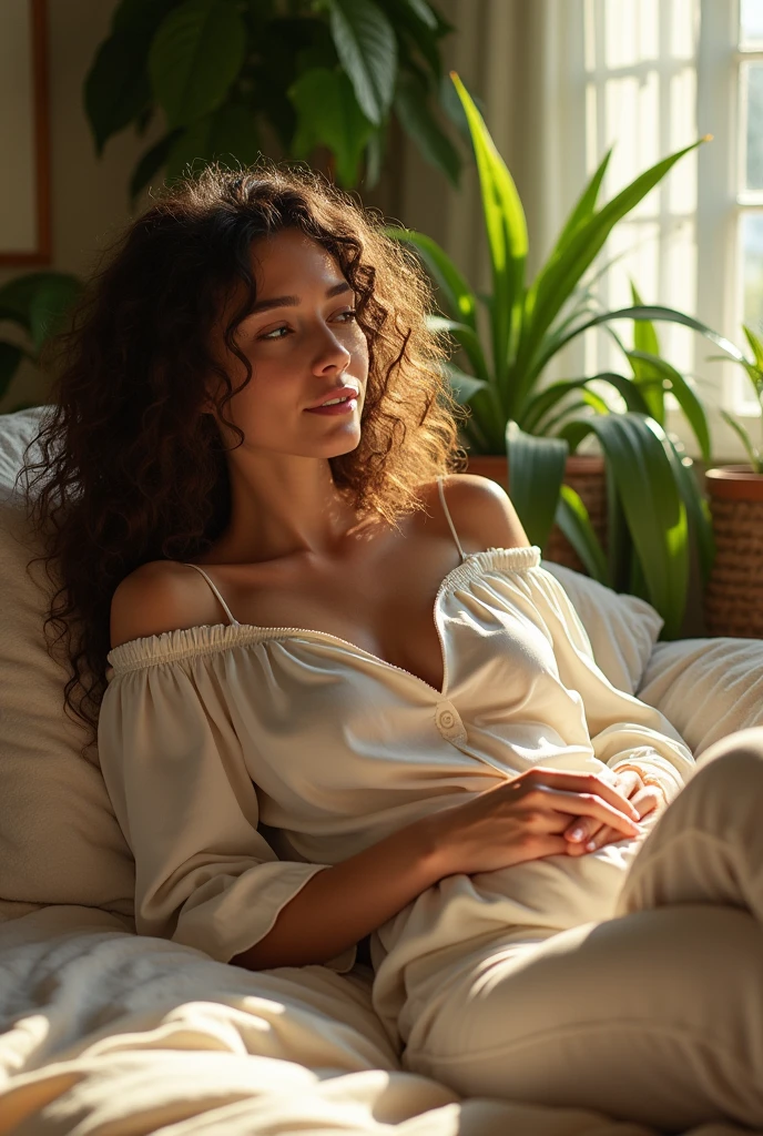 (photorealism:1.2), beautiful woman, sitting on bed, wearing loose off-shoulder top, pajama pants, long curly hair, indoors, soft lighting, plants in background, window with sunlight, cozy room, relaxed pose, realistic, intricate details, warm colors, by Greg Rutkowski, by Alphonse Mucha