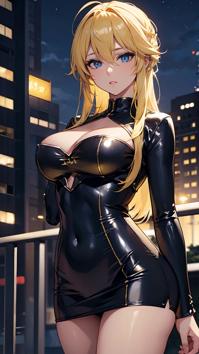 Yellow Hair、Night view,Suit with open chest,mini skirt, Shiny Costumes, Tight suit, Beautiful Face, Detailed lips,