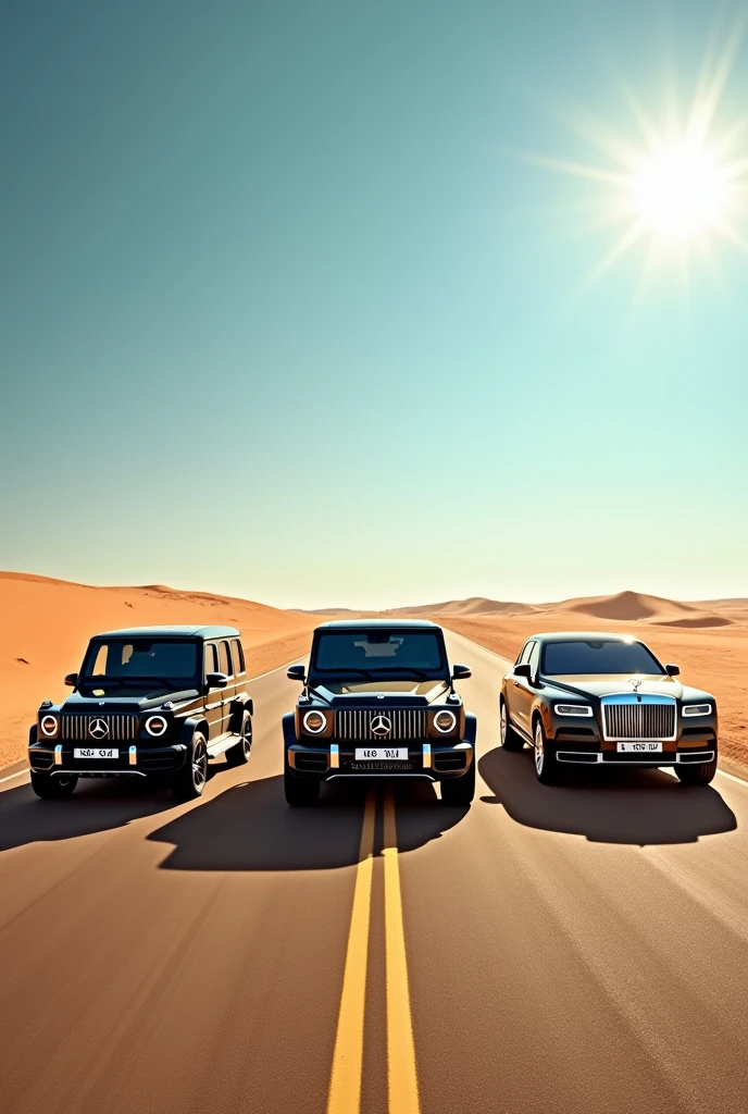 Two Mercedes g wagon and in middle a aMercedes Maybach in a row in Dubai desert road