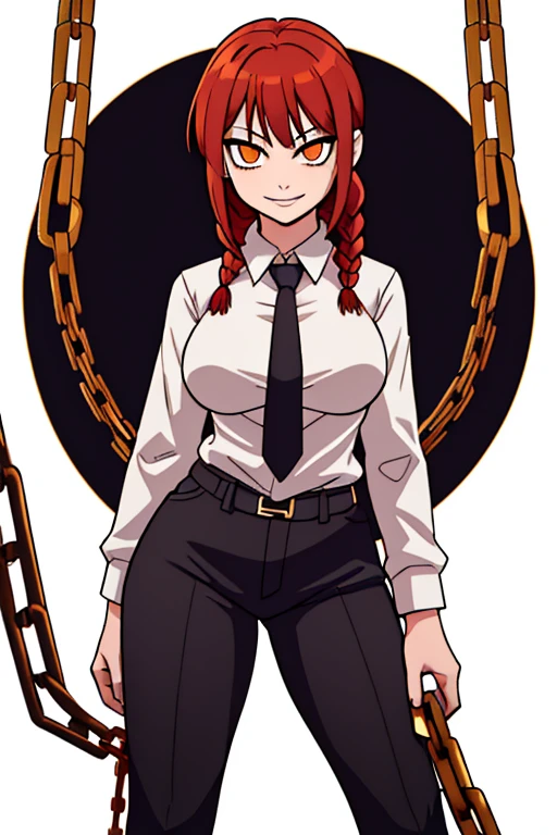 makima \(chainsaw man\), best quality, ultra detailed, 1girl, solo, standing, red hair, long braided hair, golden eyes, bangs, round breasts, wide hips, white shirt, necktie, stare, smile, (evil:1.2), looking at viewer, (interview:1.3), (dark background, chains:1.3),
