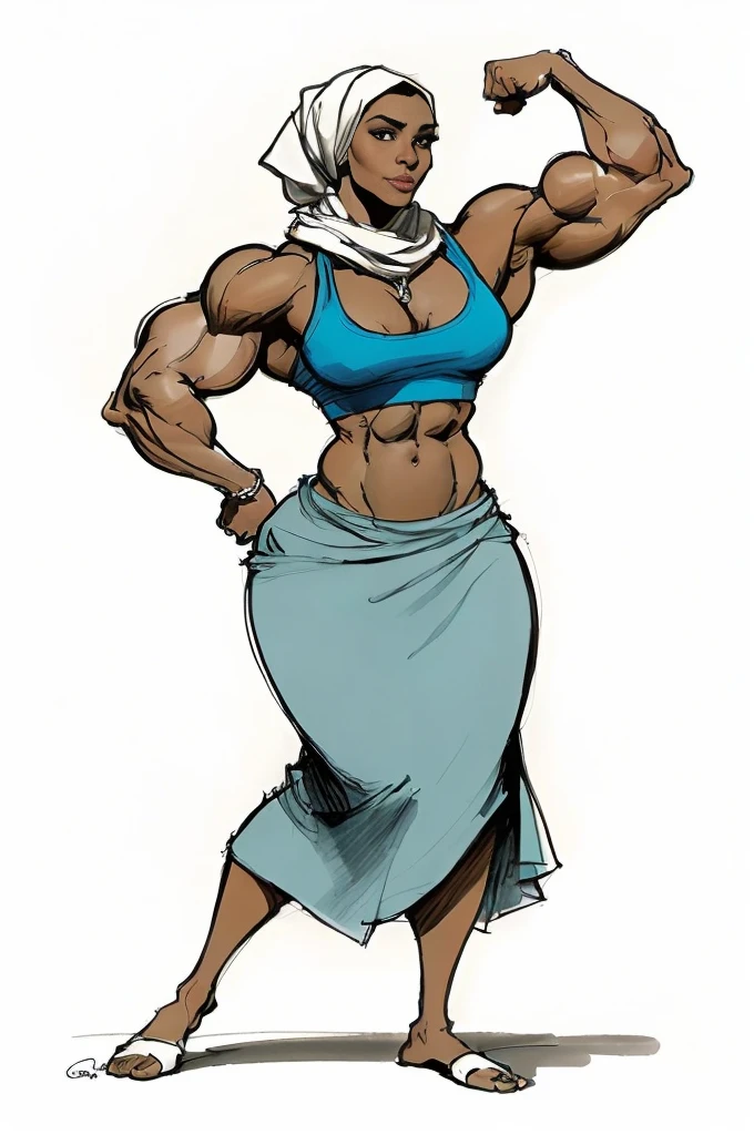 a drawing of a woman with a blue top and skirt, muscular character, muscular girl, big muscles, muscular!!, bodybuilding woman, large muscles, super buff and cool, muscular characters, strong woman, big biceps, muscular ultraviolent woman, muscular!!!, muscular sweat lara croft, muscular!, feminine and muscular, bodybuilder superhero bikini, muscles, massive muscles