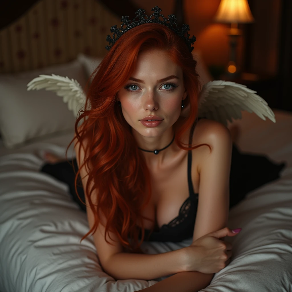 Beautiful redhair woman with long hair, intense blue eyes and dark, captivating and passionate gaze, beautiful and well-defined body, dressed in a sexy maid outfit with angel wings, lying on a bed, Whole body, in beautiful heels, with beautiful edges, realistic and high quality image