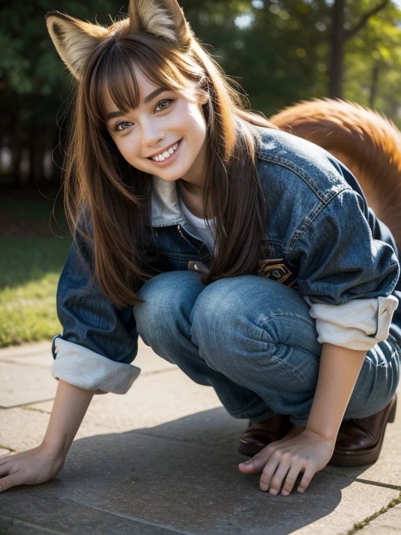 ((Highest quality, 8k)), ((masterpiece)), (Highest Resolution), Perfect Face, Fox Woman, Female college student, Beautiful woman, Outdoor, only one tail, she has thick thighs, Her large tail, Her orange fox tail, She wags her tail, Smiling with teeth showing, Fur collar, She is wearing short jeans., On all fours, Beautiful Hips , A fox tail sticks out from her jeans