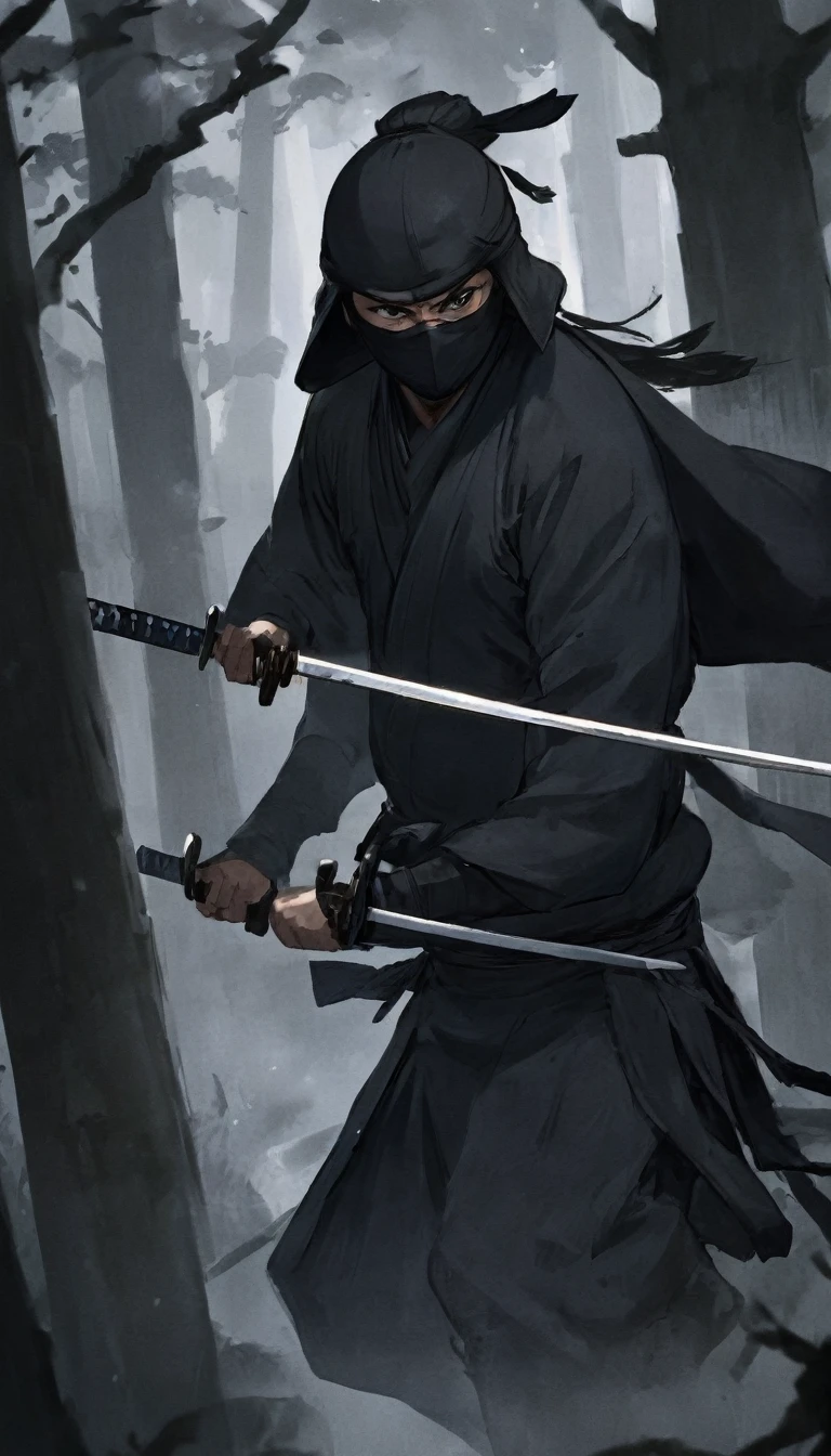 A ninja lurking in the shadows, ready to strike, but the samurai’s sharp gaze detects him, intense atmosphere, the tension of a night attack, dark and stealthy scene.
