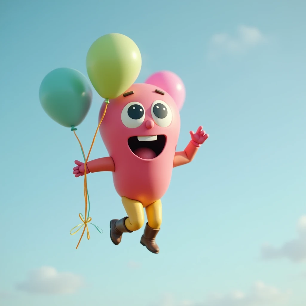 That person is jumping。
Wearing a balloon suit、They are flying with the wind。