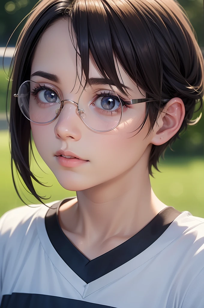 a young boy with short dark hair, glasses, wearing a blue and white soccer uniform, standing on a soccer field, photo-realistic, detailed facial features, dynamic pose, cinematic lighting, vibrant colors, (best quality,4k,8k,highres,masterpiece:1.2),ultra-detailed,(realistic,photorealistic,photo-realistic:1.37),hyperrealistic,digital painting,highly detailed,intricate details,striking composition,dramatic lighting,vivid colors,stunning details,award winning photograph,sharp focus