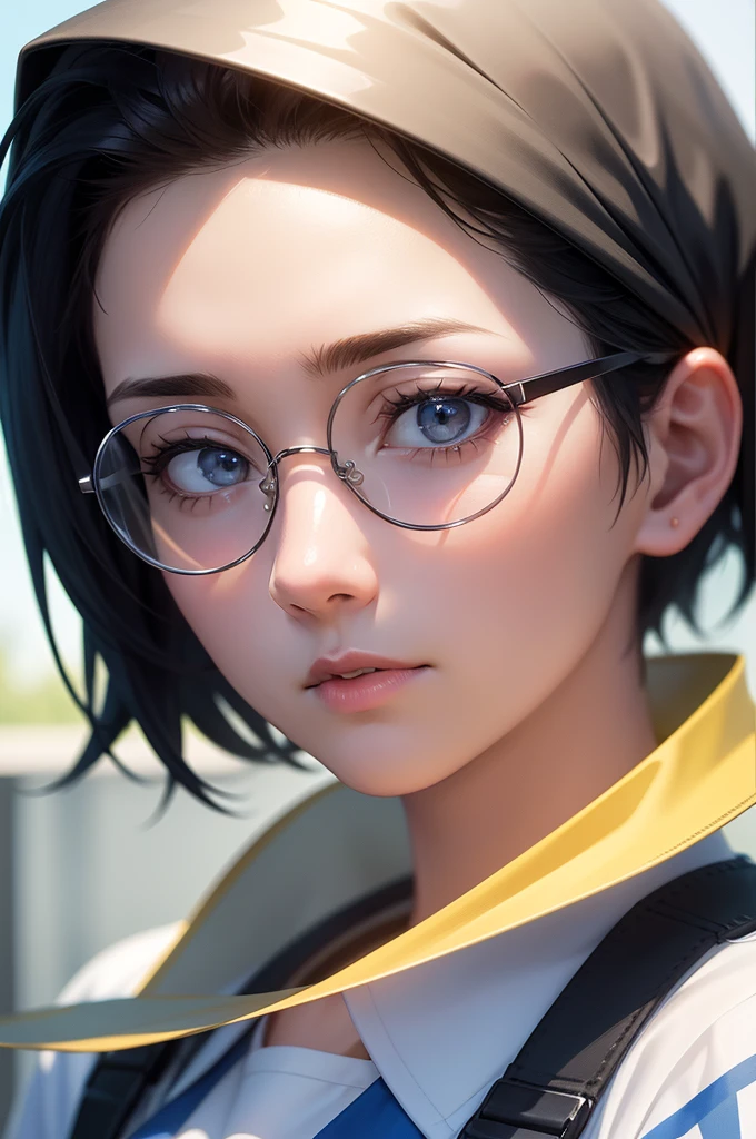 a young boy with short dark hair, glasses, wearing a blue and white soccer uniform, standing on a soccer field, photo-realistic, detailed facial features, dynamic pose, cinematic lighting, vibrant colors, (best quality,4k,8k,highres,masterpiece:1.2),ultra-detailed,(realistic,photorealistic,photo-realistic:1.37),hyperrealistic,digital painting,highly detailed,intricate details,striking composition,dramatic lighting,vivid colors,stunning details,award winning photograph,sharp focus