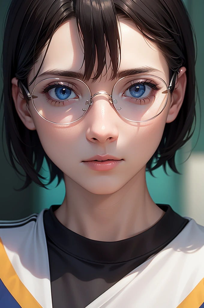 a young boy with short dark hair, glasses, wearing a blue and white soccer uniform, standing on a soccer field, photo-realistic, detailed facial features, dynamic pose, cinematic lighting, vibrant colors, (best quality,4k,8k,highres,masterpiece:1.2),ultra-detailed,(realistic,photorealistic,photo-realistic:1.37),hyperrealistic,digital painting,highly detailed,intricate details,striking composition,dramatic lighting,vivid colors,stunning details,award winning photograph,sharp focus