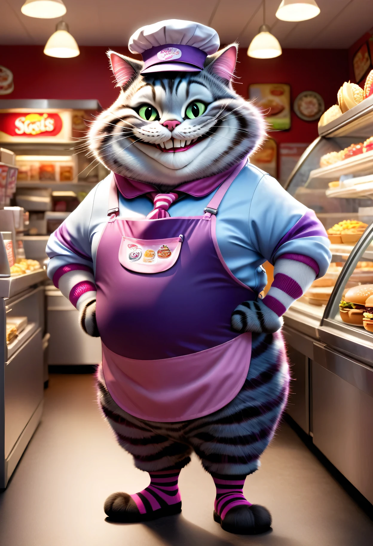 photorealistic portrait of Dressed animals-a ((fat)) (Cheshire cat) worker,(furry), (elegant pose:1.5), (hands on hips:1.5),(smile:1.5),high quality,(),(lovely) ,intricate details, Wearing fast food shop uniform , ( wearing apron and cap), highly detailed ((fast food shop uniform)) ,highly detailed pants sneaker and high sox , (happy), soft lighting,(full body image:2.0),in fast food shop background,,score_9, score_8_up, score_7_up, score_6_up, score_5_up, score_4_up,