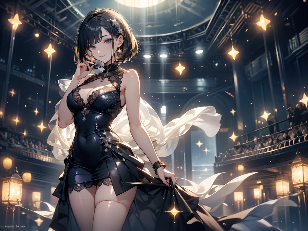 ((masterpiece, best quality)), Delicate face,Idol singer,Singing,Stage Background,earphone,Girl Group,whole body,Standing picture,Smile,Perfect body proportions,Long legs,Short hair handsome,Beautiful glowing eyes,Extremely beautiful,transparent,evening dress,Fun,sexly,Lace,Fishnet stockings,Star decoration
