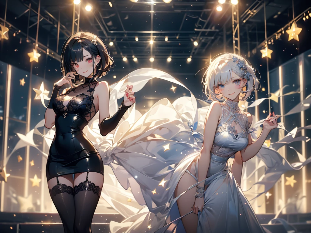 ((masterpiece, best quality)), Delicate face，Idol singer，Singing，Stage Background，earphone，Girl Group，whole body，Standing picture，Smile，Perfect body proportions，Long legs，Short hair handsome，Beautiful glowing eyes，Extremely beautiful，transparent，evening dress，Fun，sexly，Lace，Fishnet stockings，Star decoration