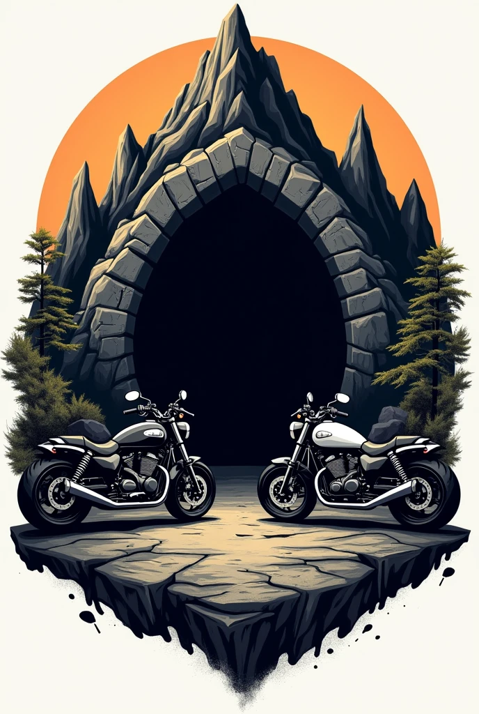 A logo depicting a mountain of rocks in the background with an entrance to an abandoned and ancient dark mine, featuring motorbikes in black and white.