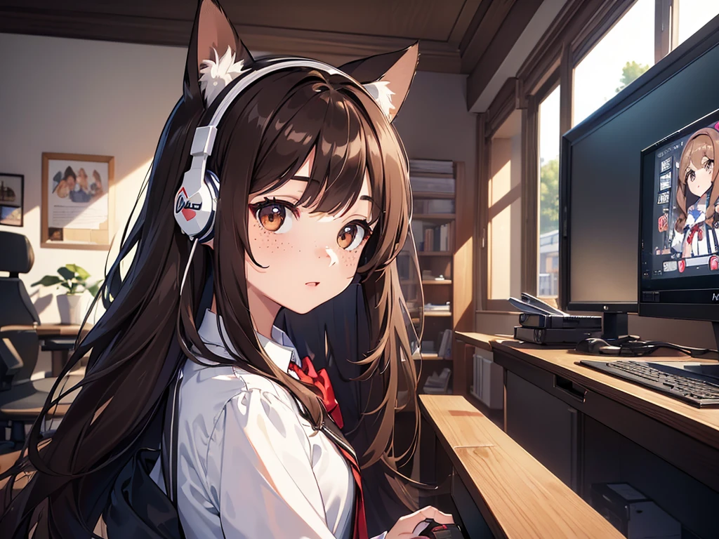 ((masterpiece,High resolution,8K quality,highest quality)), 1 female,((highly detailed face)),delicate dark brown eyes, long dark brown curly hair, with freckles, wearing white gaming headphones that have cat ears, she's wearing a black school dress with a red blazer, she's in front of a computer in a dark girl's bedroom, looking back