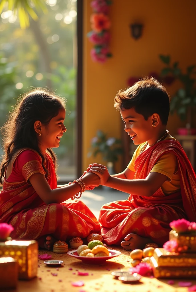 Rakshabandhan fastival, A beautiful Indian girl wearing saree carring pooja plate binding raksha band on her brother's right hand, a hindu boy sitting along with her and eating sweet, so many gift sweets and blessings sitting together on floor 