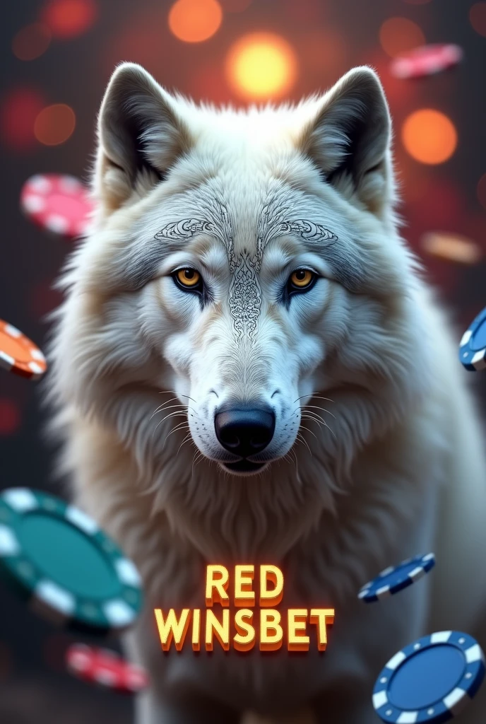 White wolf with mandalas on its face in 3D, showing only the face.  , with casino chips in the air that has a 3D phrase standing in gold "RED WINSBET" and down "RESP SOL TRIK"