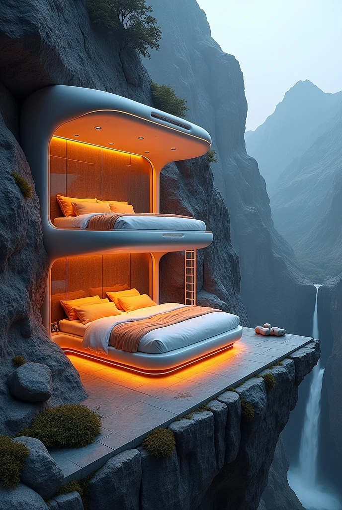 Envision a futuristic bedroom perched on the edge of a mountain cliff, with two built-in pod beds stacked one above the other. The beds are illuminated by soft, orange-hued lights and dressed in luxurious, thick blankets that offer warmth and comfort. The room is surrounded by glass walls on three sides, providing uninterrupted views of the rugged mountain landscape, with a waterfall cascading in the distance. A sleek, illuminated ladder leads up to the top bed, while the ceiling features recessed lights arranged like constellations, giving the illusion of sleeping under the stars. The floor is made from smooth stone, with heated elements to keep the room warm, and plush, cushioned seating is scattered around the space, inviting relaxation and contemplation of the natural beauty outside.