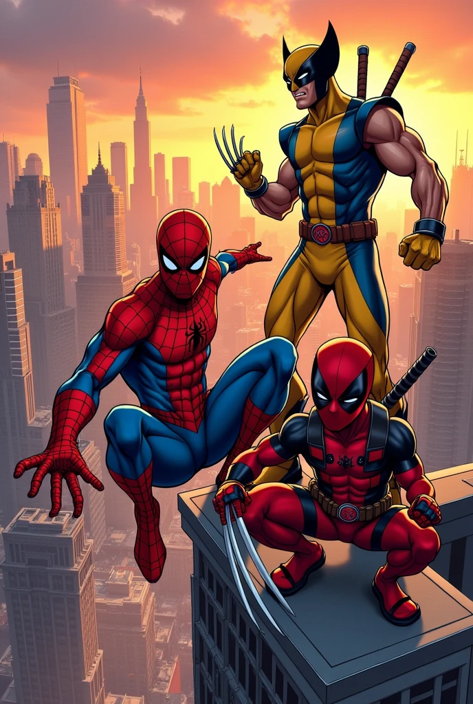 Spider-Man, Wolverine and Deadpool in the style of Mar del comic, but without Deadpool having claws or wearing the Spiderman suit.
