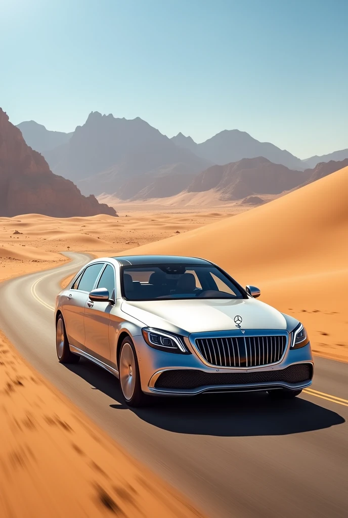 A MERCEDES Maybach s680 on a desert road in Dubai
