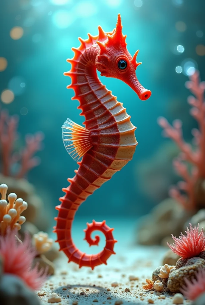 Red sea horse with funny giant head muscular in realistic full body fashion show