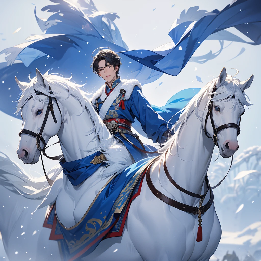 Handsome male general holding a large sword in blue ancient Chinese general costume, Riding a white horse in the middle of a snowstorm, white snow is falling, The sun shines and the sun rises, close up, In the middle of a snowstorm, it is white, The trees are covered in white snow, The snow is falling.